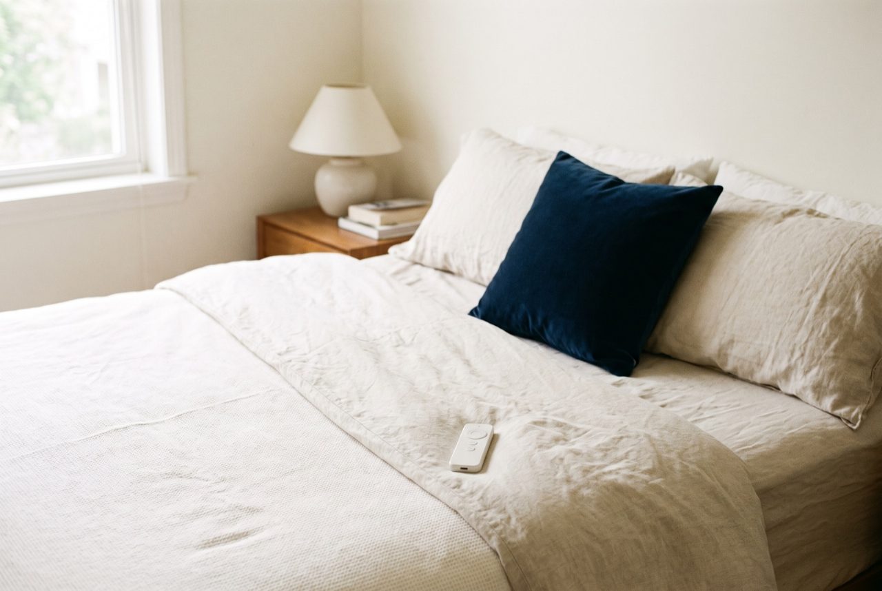 Opgemaakt bed met een kleine afstandsbediening op het dekbed.