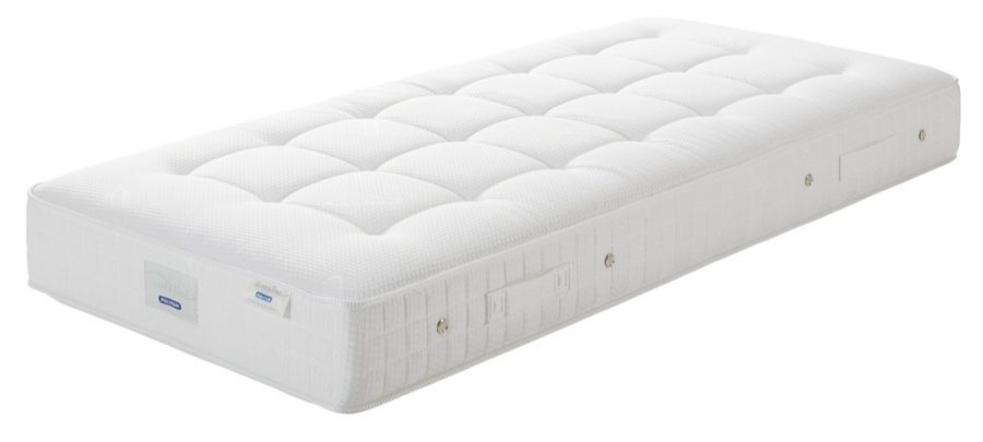 Eenpersoonsmatras met een witte gewatteerde tijk, handgrepen en ventilatieopeningen aan de zijkant.