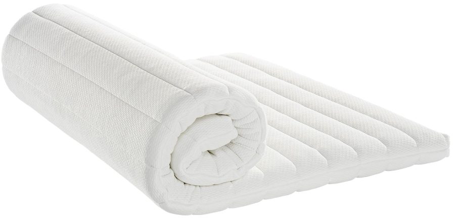 Witte topper, aan één kant opgerold zodat de dikte van de schuimlaag te zien is.