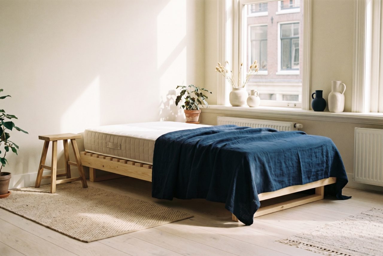 Matras op een houten lattenbodem in een lichte kamer, met een kruk ernaast.