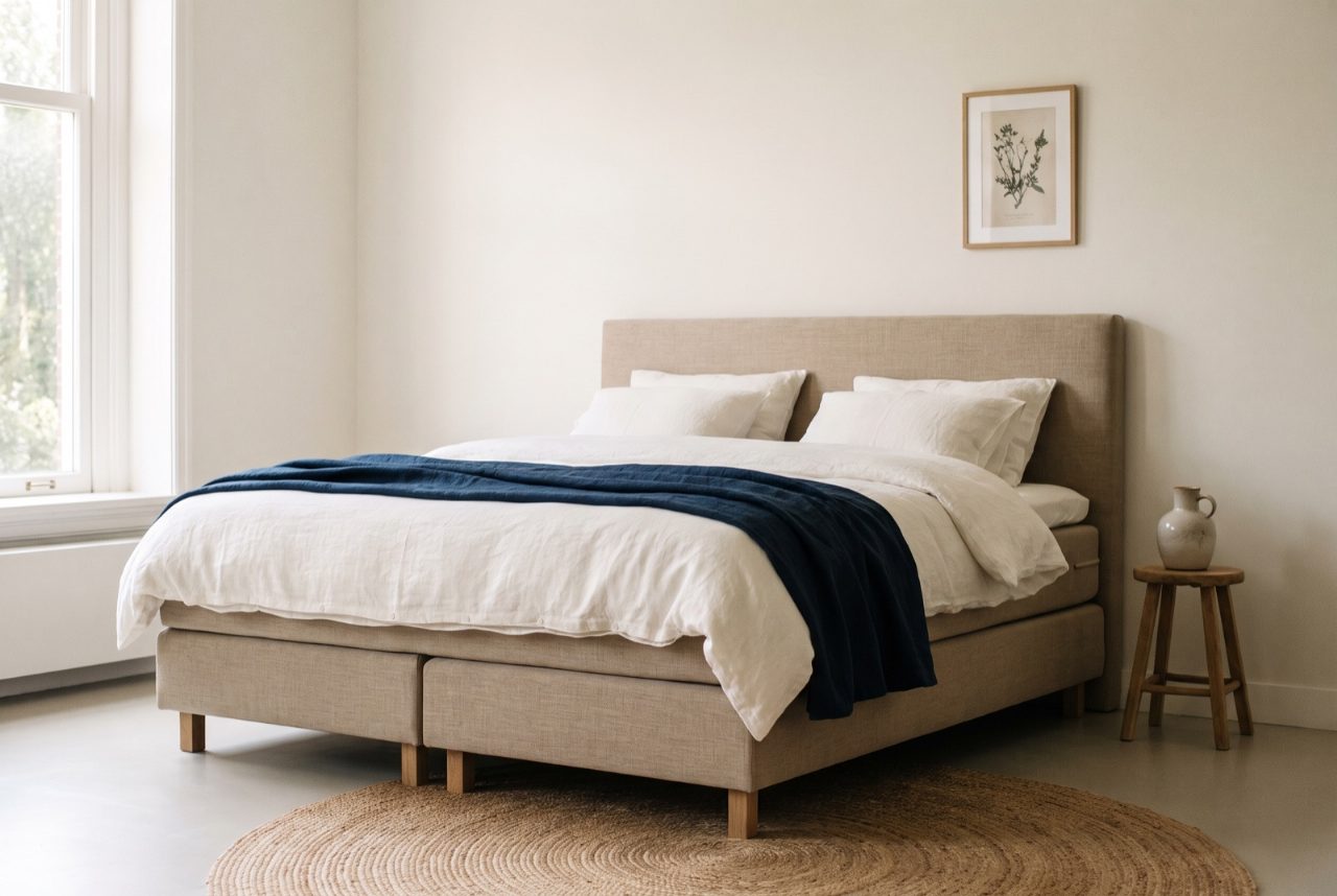 Opgemaakt boxspringbed met een linnen hoofdbord in een lichte slaapkamer.